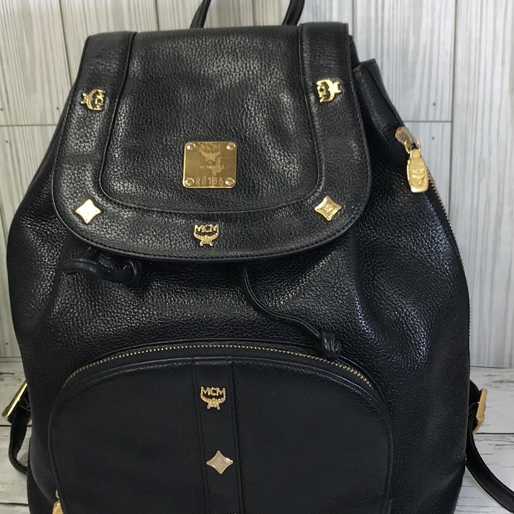 MCM Black Leather Backpack with Gold Accents - Picture 2 of 13